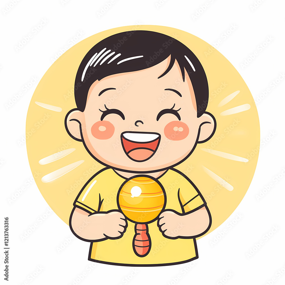 joyful toddler holding glowing rattle, radiating happiness and delight joyful toddler holding glowing rattle, radiating happiness and delight