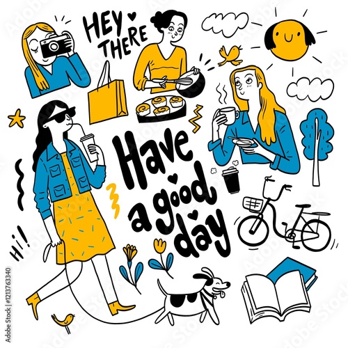 The illustration showcases a cheerful scene featuring various activities and elements related to a good day.
