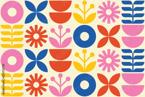 Modern abstract geometric flower pattern. Retro background with Scandinavian style. Vector illustration