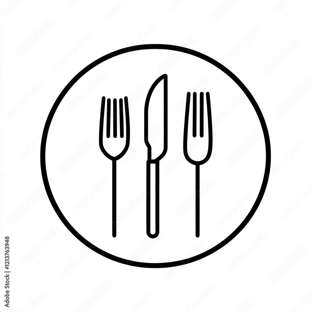 Dining utensils icon, two forks and a knife in a circle, minimalist design for web or app Dining utensils icon, two forks and a knife in a circle, minimalist design for web or app
