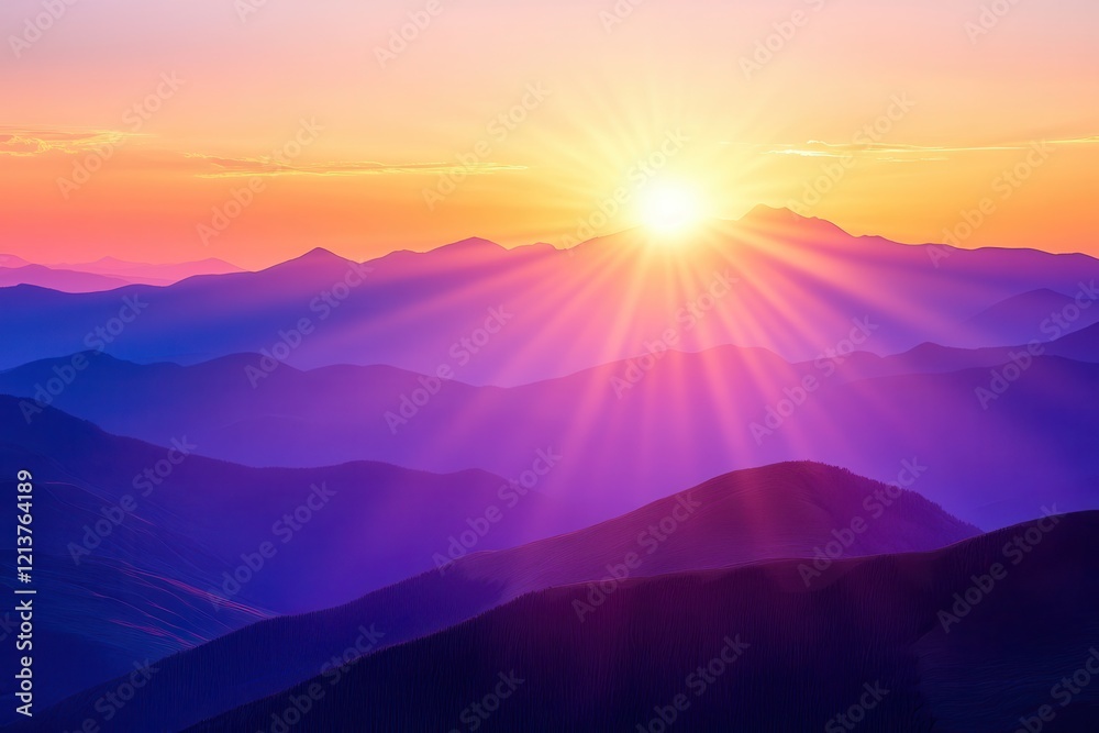 Breathtaking Sunrise Over Layered Purple Mountains with Radiating Sunbeams Casting Vibrant Colors Across the Horizon in a Serene Landscape Breathtaking Sunrise Over Layered Purple Mountains with Radiating Sunbeams Casting Vibrant Colors Across the Horizon in a Serene Landscape