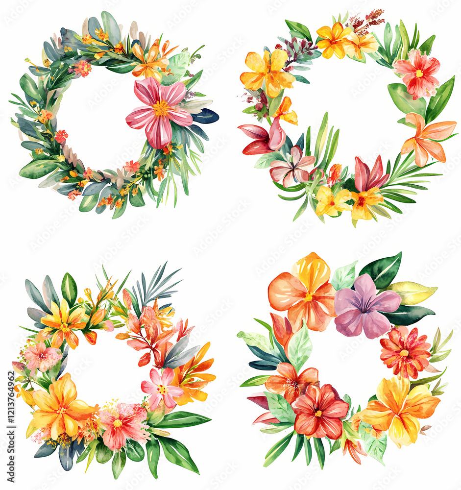 Obraz premium Colorful tropical flower crowns with vibrant designs and lush greenery