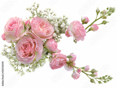 Romantic Pink Rose Bouquet with Baby’s Breath on White,generative ai