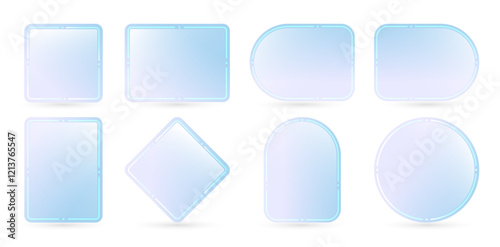 set of transparent glass frames label stickers with different shapes isolated white backgrounds for user interface web design, banner poster element, Layouts, collages, scene designs, minimalist style