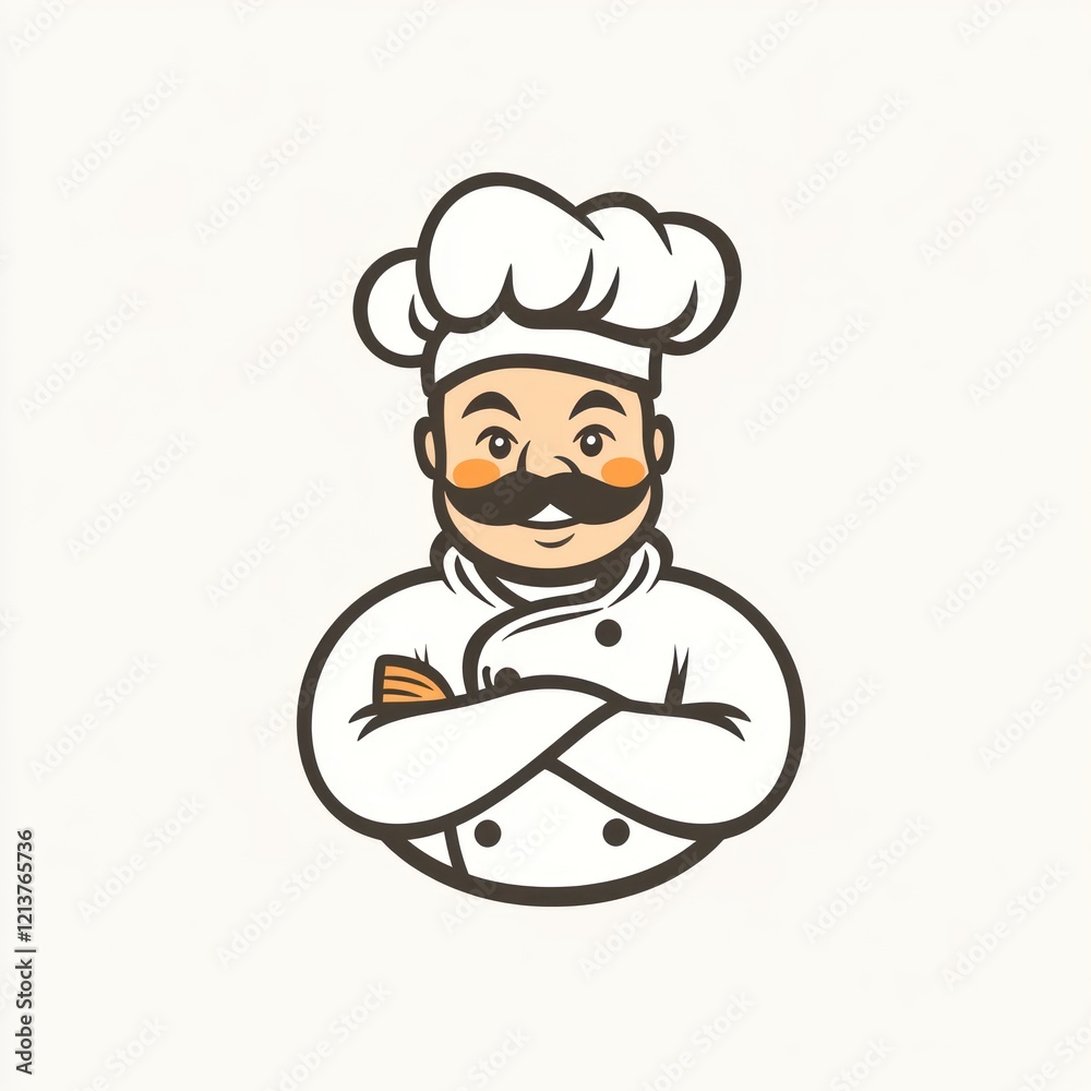 Cartoon chef with arms crossed in white coat against plain background. Food illustration Cartoon chef with arms crossed in white coat against plain background. Food illustration