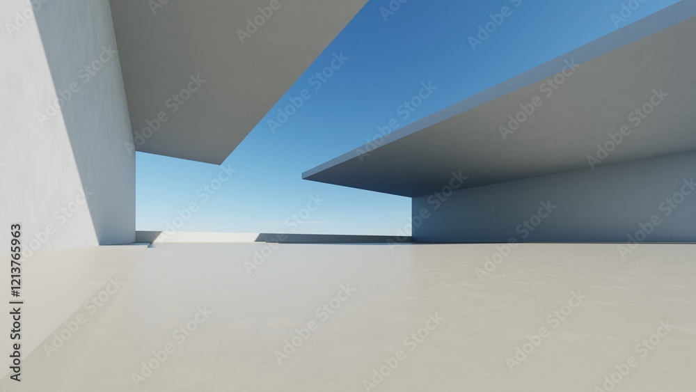 Obraz premium 3d render of abstract modern architecture with empty cement floor, minimal exterior, car presentation background