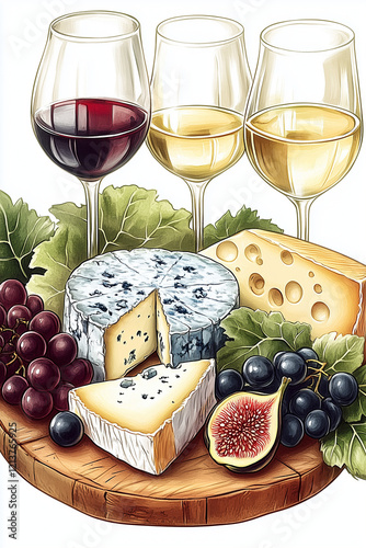 Vintage cheese board with assorted cheeses, wine glasses, grapes, and figs on white background