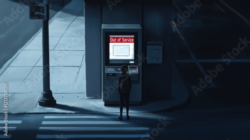 Person Standing in Front of Out of Service ATM on Dark Street at Night with Minimal Lighting and Urban Environment