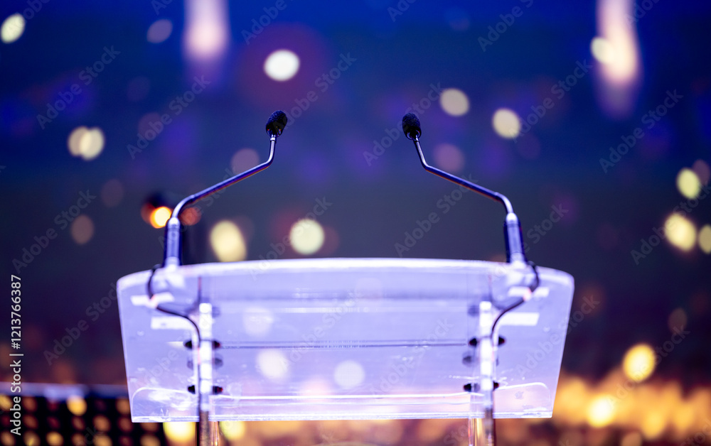 Two microphones on a clear podium with colorful bokeh lights in the background. Perfect for events and public speaking themes. Speaker desk.