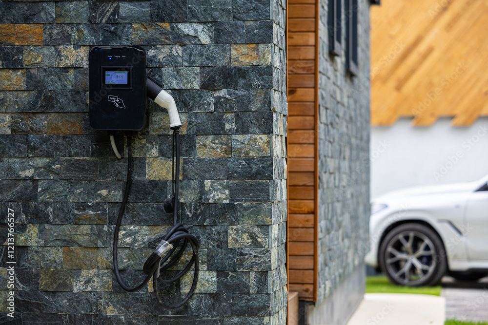 Wall-mounted electric car charging station outside a modern house, representing sustainable transportation. Electrical cars industry.