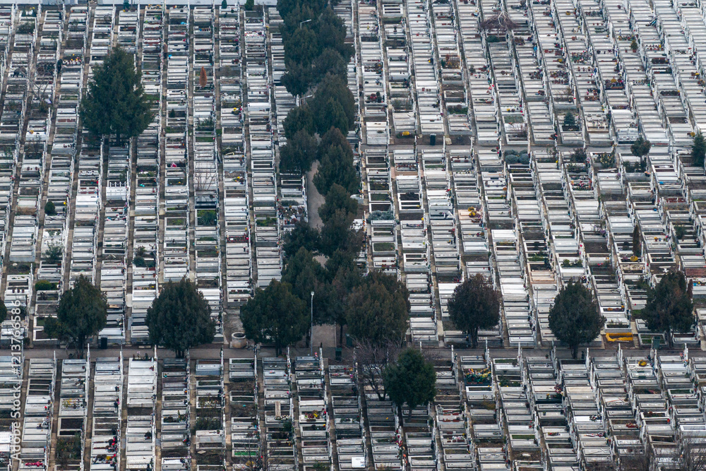 Aerial view of a cemetery with orderly rows of graves and trees, representing remembrance and peaceful design. Cemetery concept photo.