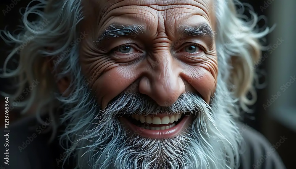 Portrait of a Happy Elderly Man with Long White Hair and Beard Portrait of a Happy Elderly Man with Long White Hair and Beard