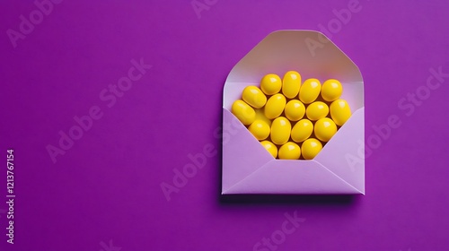 Dozen yellow pills in an envelope appear above a vibrant purple background