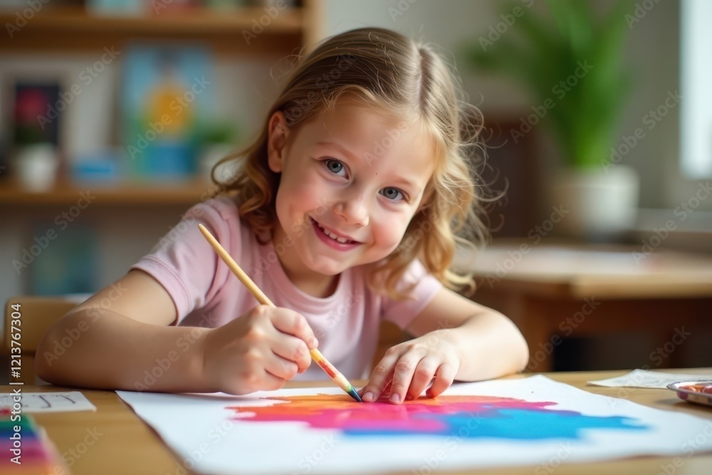 Smiling child's hands carefully painting a vibrant picture in art class, school, bright Smiling child's hands carefully painting a vibrant picture in art class, school, bright
