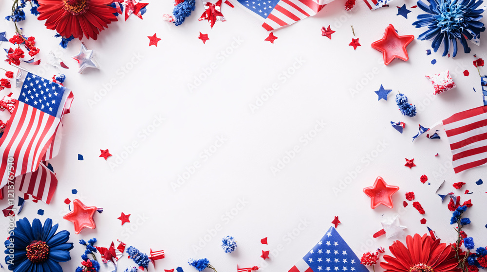 Obraz premium patriotic fourth of july background with american flags and flowers in red white and blue colors