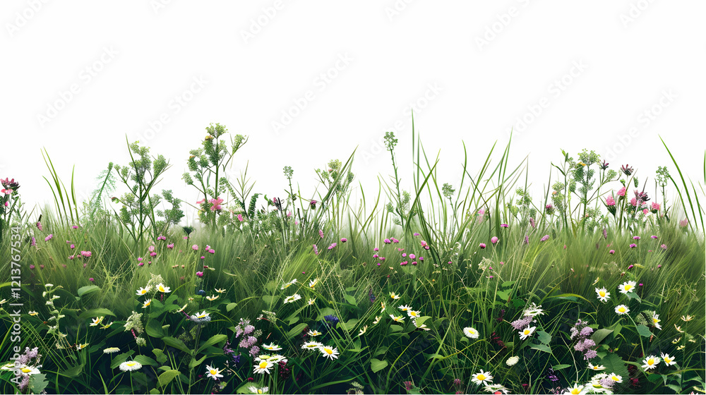 Fototapeta premium green grass and flowers transparent background,Generative ai