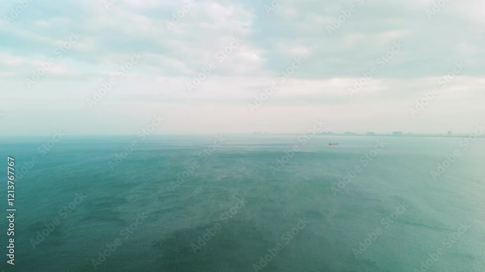 Cargo ship sailing on calm ocean with city on horizon under cloudy sky, evoking themes of maritime transport, global trade, and peaceful seascape Cargo ship sailing on calm ocean with city on horizon under cloudy sky, evoking themes of maritime transport, global trade, and peaceful seascape
