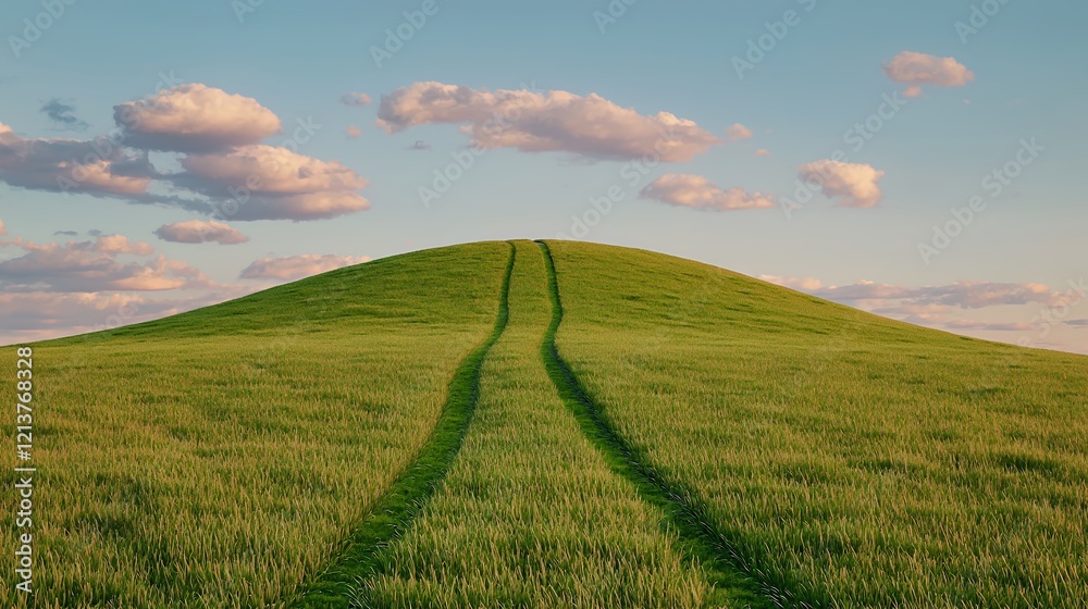 Naklejka premium Serene Rolling Green Hill with Tire Tracks Leading to Summit Under Partly Cloudy Sky