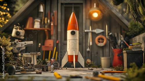 Model rocket ready for launch in a backyard filled with tools