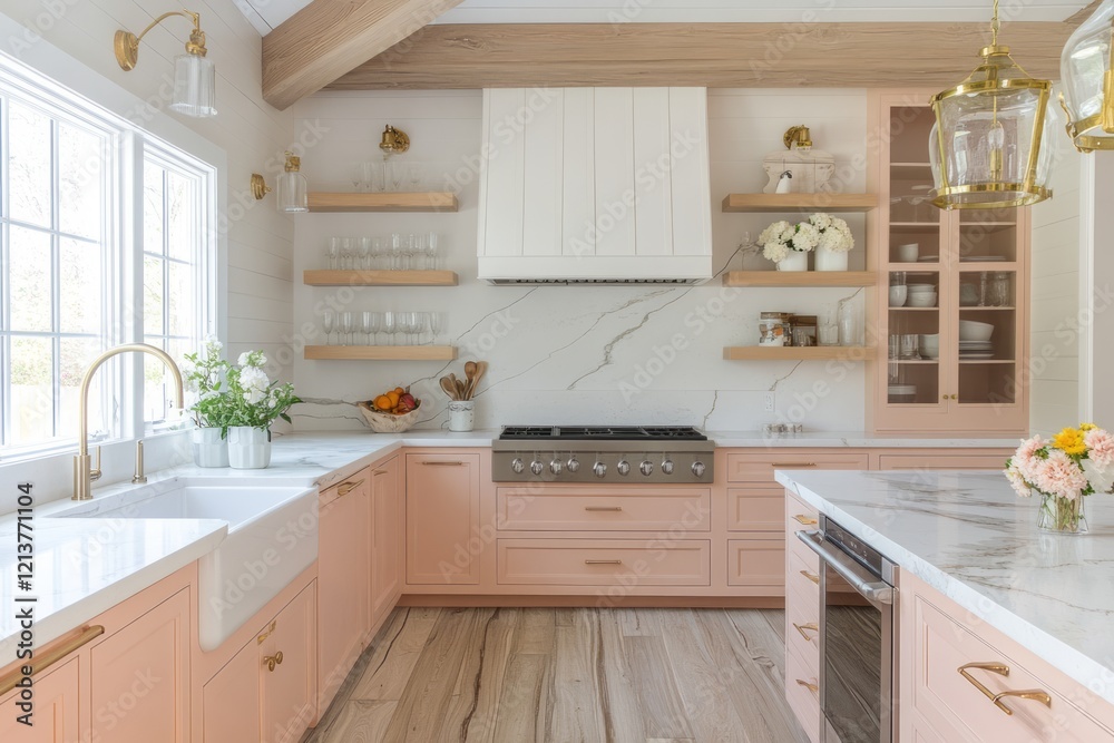 Fototapeta premium Elegant Pink Kitchen Design With Marble Countertops