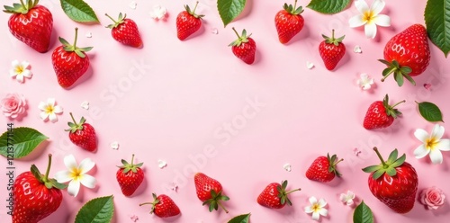 Pink background, strawberry, leaf, flower, heart pattern Cute fruit print , surface, nature
