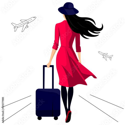 Elegant Female Traveler with Luggage on Airport Runway – Stylish Travel Vector Illustration