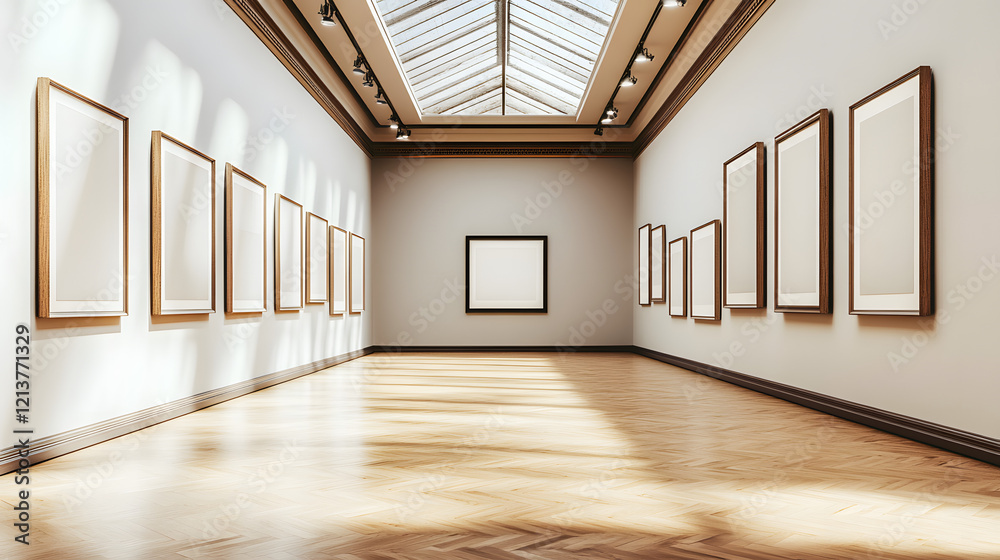 Elegant Art Gallery Hallway with Framed Paintings and Skylight Ceiling Elegant Art Gallery Hallway with Framed Paintings and Skylight Ceiling
