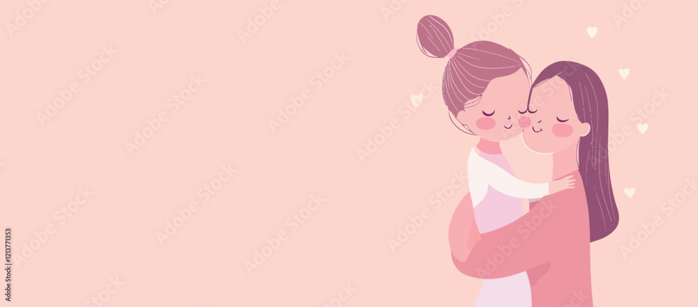 Mom hugs her daughter. Motherhood, parenthood. Woman with child. Mother's day banner, card. Vector cartoon illustration in flat style.Banner with space for text Mom hugs her daughter. Motherhood, parenthood. Woman with child. Mother's day banner, card. Vector cartoon illustration in flat style.Banner with space for text