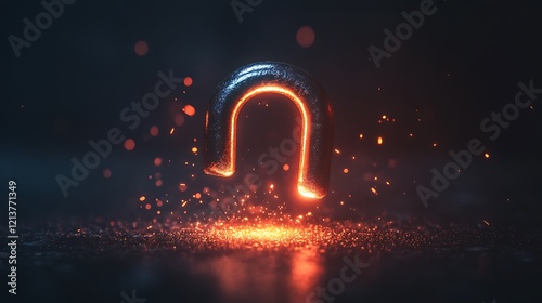 U-shaped magnet attracting metallic particles glowing on dark surface