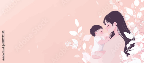 Mom hugs her daughter. Motherhood, parenthood. Woman with child. Mother's day banner, card. Vector cartoon illustration in flat style.Banner with space for text