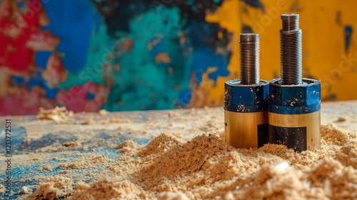 Woodworking bits for router machine on sawdust isolated on a colorful background