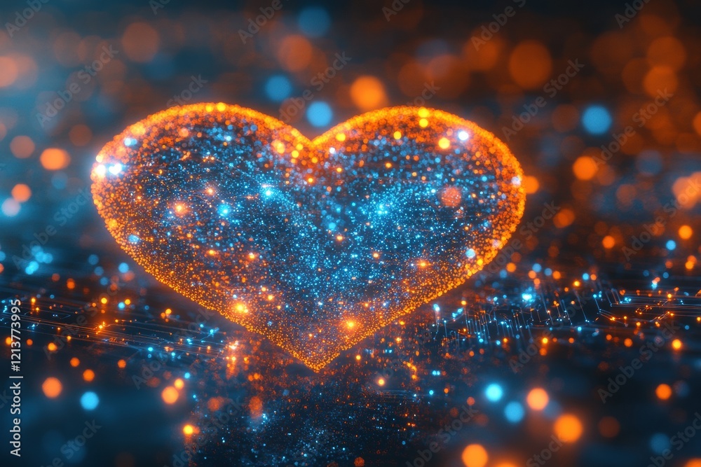 Obraz premium Glowing Heart Shape Abstract Background Blue Orange Sparks