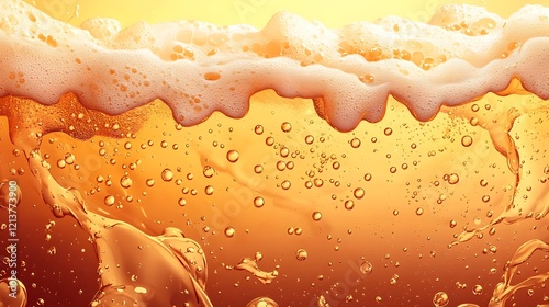 Flowing golden liquid beer with effervescent carbonation bubbles and foam filling horizontal frame