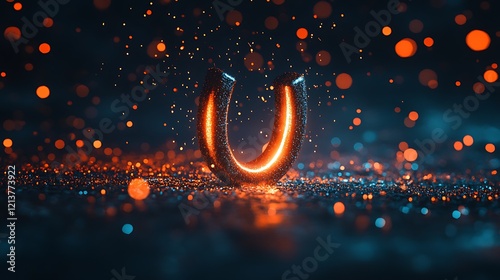 U-shaped magnet attracting metallic particles on dark surface with glowing radiance