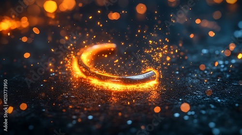 U-shaped magnet attracting metallic particles on dark surface with glowing radiance