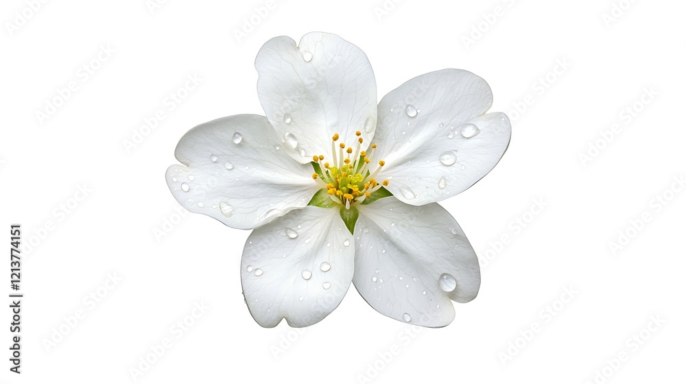 Beautiful White Flower with Water Droplets Isolated on White Background for Nature Themes Cherry Blossom Season Beautiful White Flower with Water Droplets Isolated on White Background for Nature Themes Cherry Blossom Season