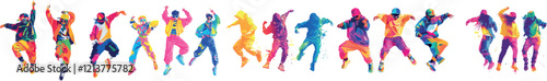 Group of teenage friends dancing in fun and happiness, friends, vector teenagers dancing with notes.