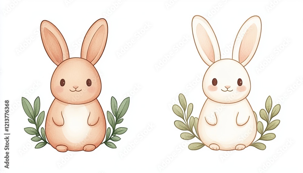 Obraz premium Cute cartoon rabbits sitting among green leaves, showcasing a playful design suitable for children's materials