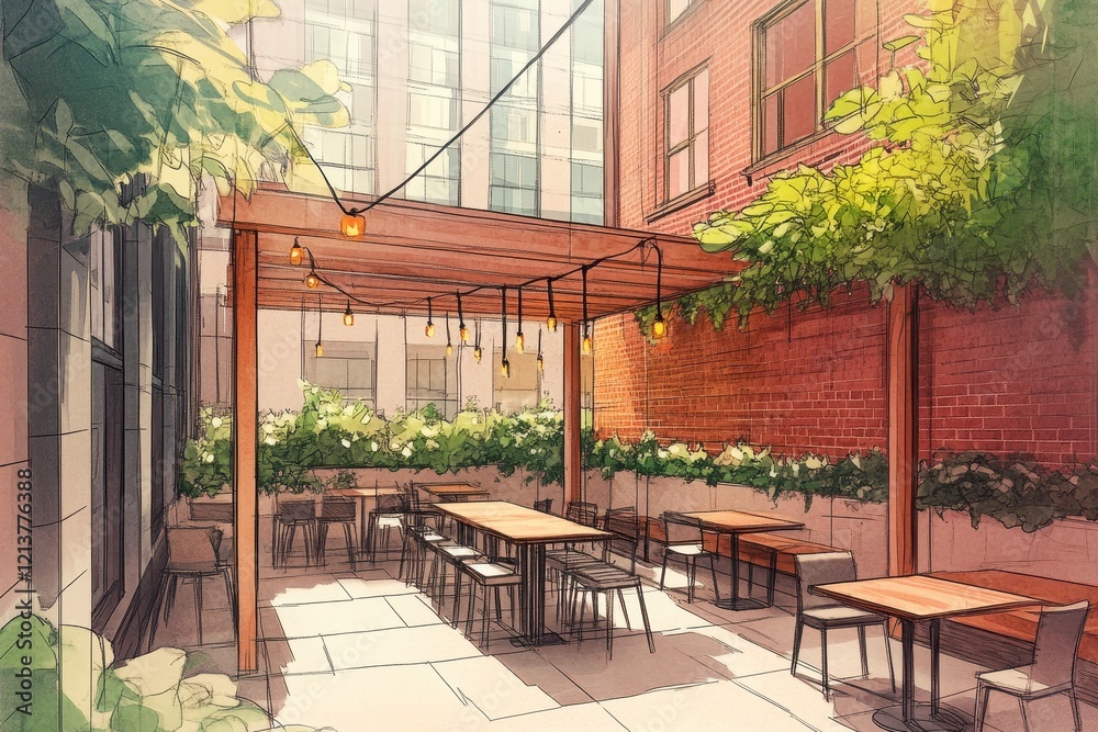 Fototapeta premium Cozy Outdoor Dining Space with String Lights and Lush Greenery in an Urban Setting, Perfect for Relaxation and Enjoyment in the City’s Hidden Gem