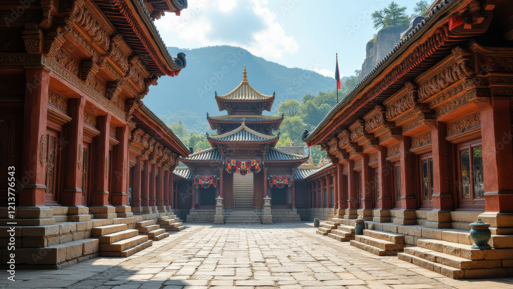 Obraz premium Ancient Chinese Temple Courtyard Architecture - Architectural phot.
