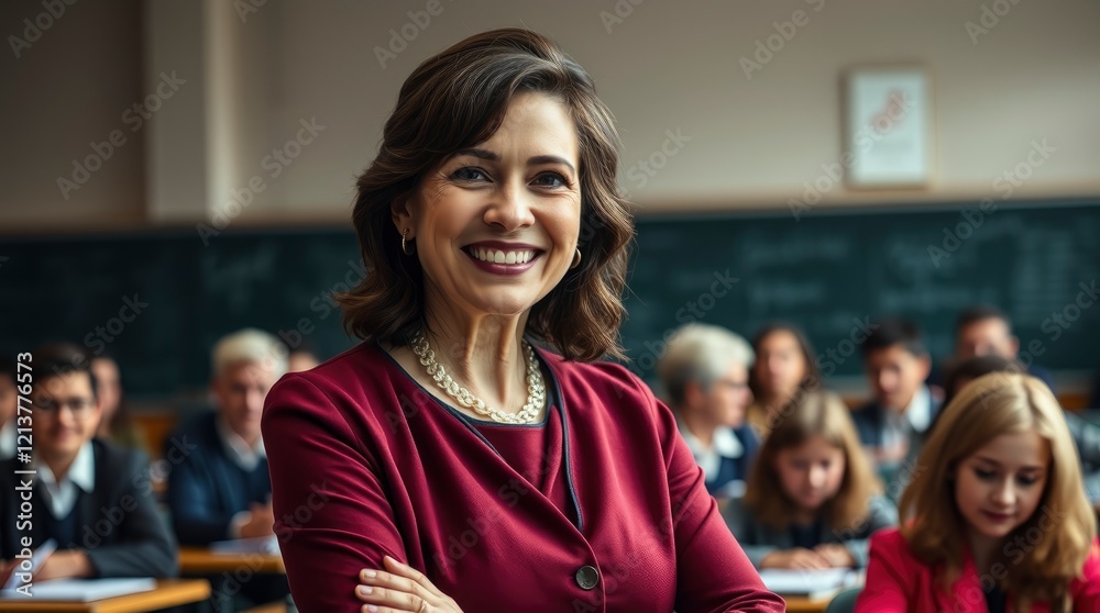 Obraz premium Confident woman, teacher, burgundy sweater, classroom setting, warm smile, arms crossed, blurred students