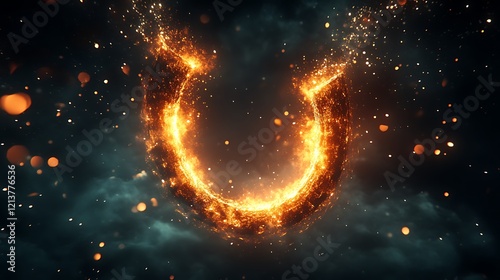 Magnetic U-shaped object glowing brightly with metallic particles attracted in dark space