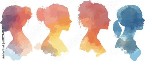 Group people diversity. Silhouette profile of men women children teenagers elderly. Various people of different ages. Different cultures. Racial equality concept. Multicultural society cute soft