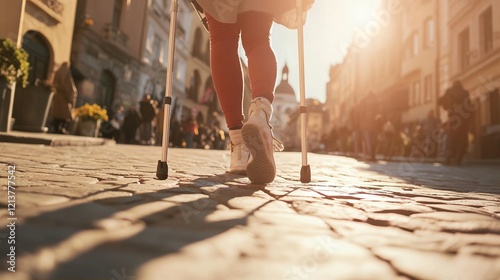 Woman Walking with Crutches on Cobblestone Street