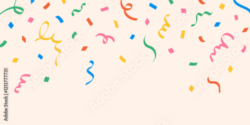 Сute abstract border, background of colorful falling top down confetti of multicolored lines, ribbons, squiggles on light background, hand drawn illustration, flat style, copy space
