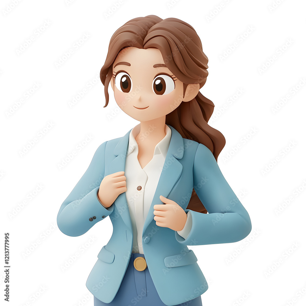 A confident woman adjusting her blazer, white background 3D icon A confident woman adjusting her blazer, white background 3D icon
