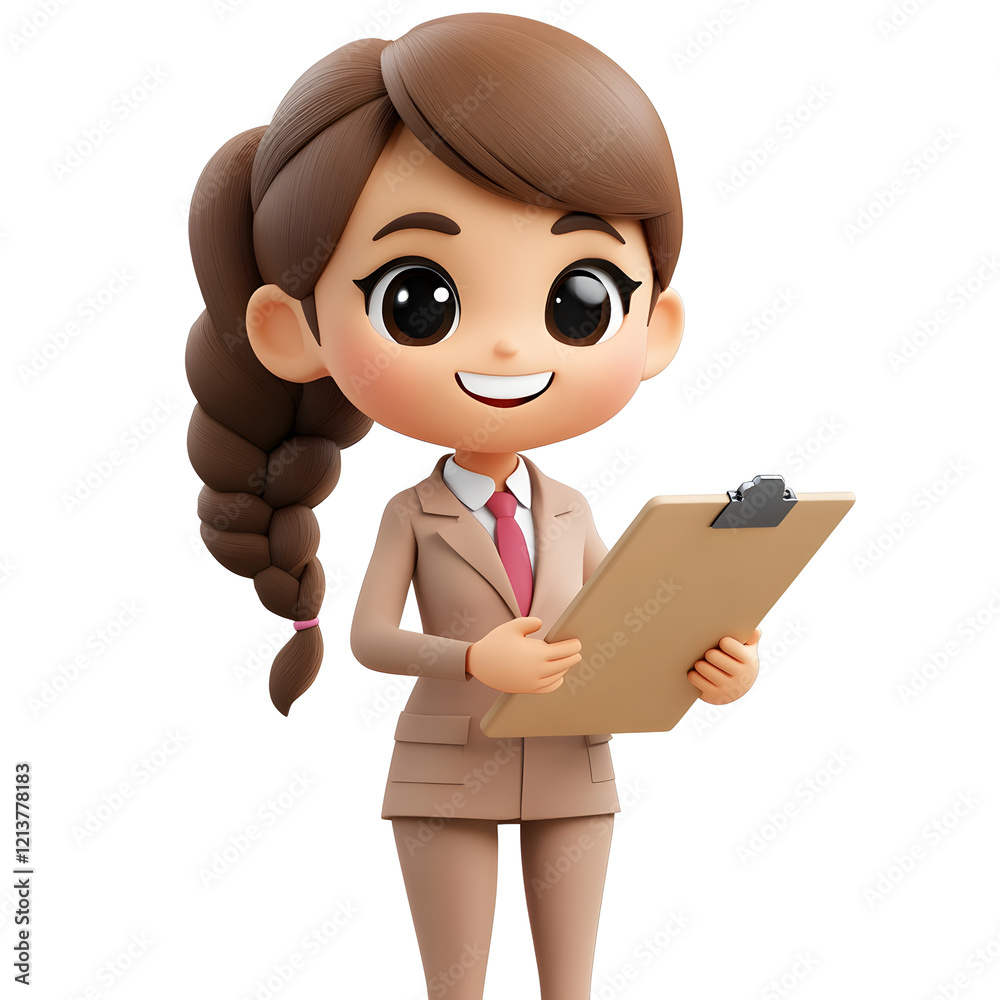 A smiling businesswoman holding a clipboard, 3D icon A smiling businesswoman holding a clipboard, 3D icon