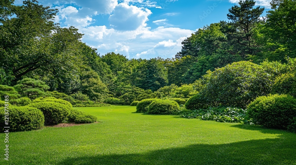 Obraz premium Serene Garden Landscape: Lush Greenery Under a Summer Sky