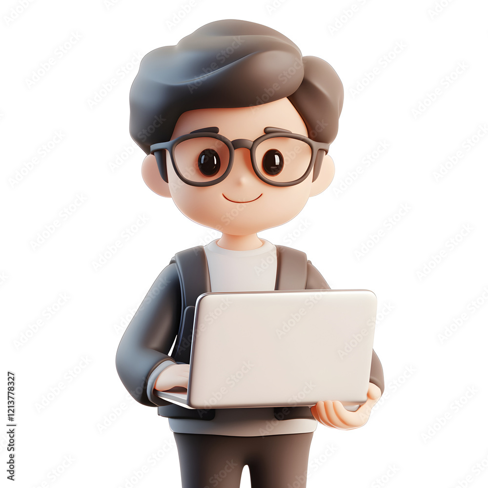 A young entrepreneur holding a laptop, 3D icon A young entrepreneur holding a laptop, 3D icon