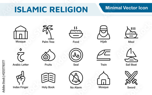 Islamic Icon Set. A beautifully crafted collection of icons reflecting Islamic culture and traditions, educational materials, apps, and websites, and Islamic community.